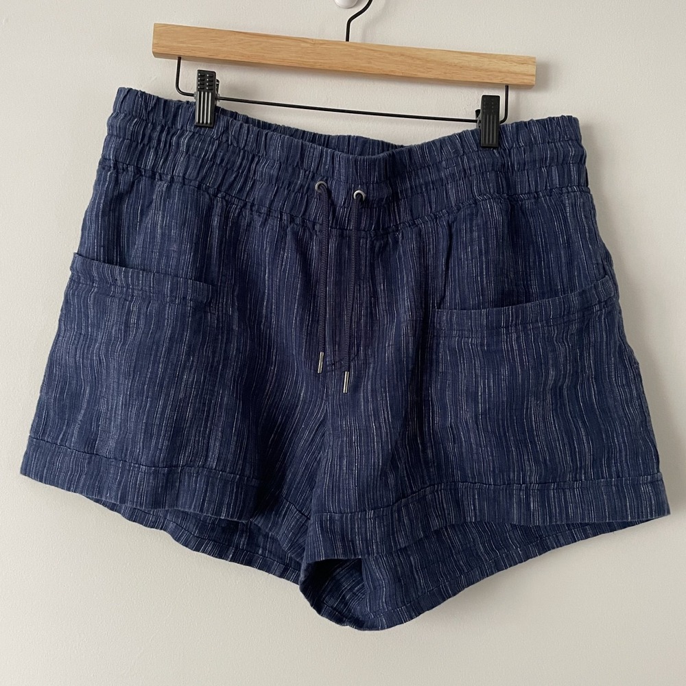 Athleta Cabo Linen Textured 4" Shorts Blue Size 16 Drawstring Minimalist Beachy